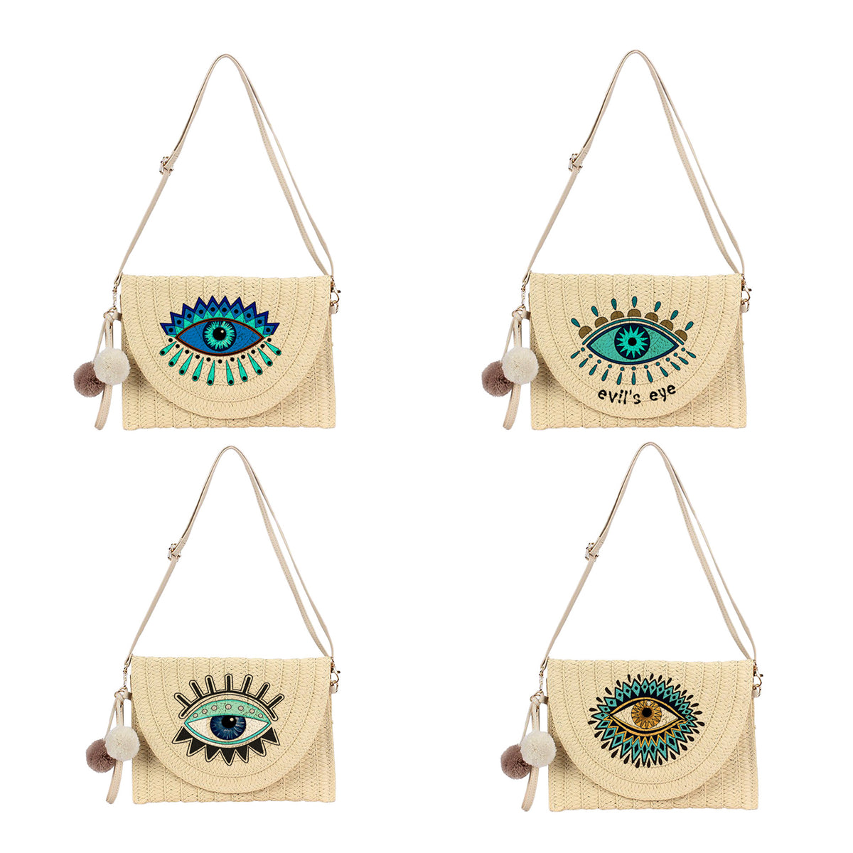 Evil Eye Straw Envelope Shoulder Bag