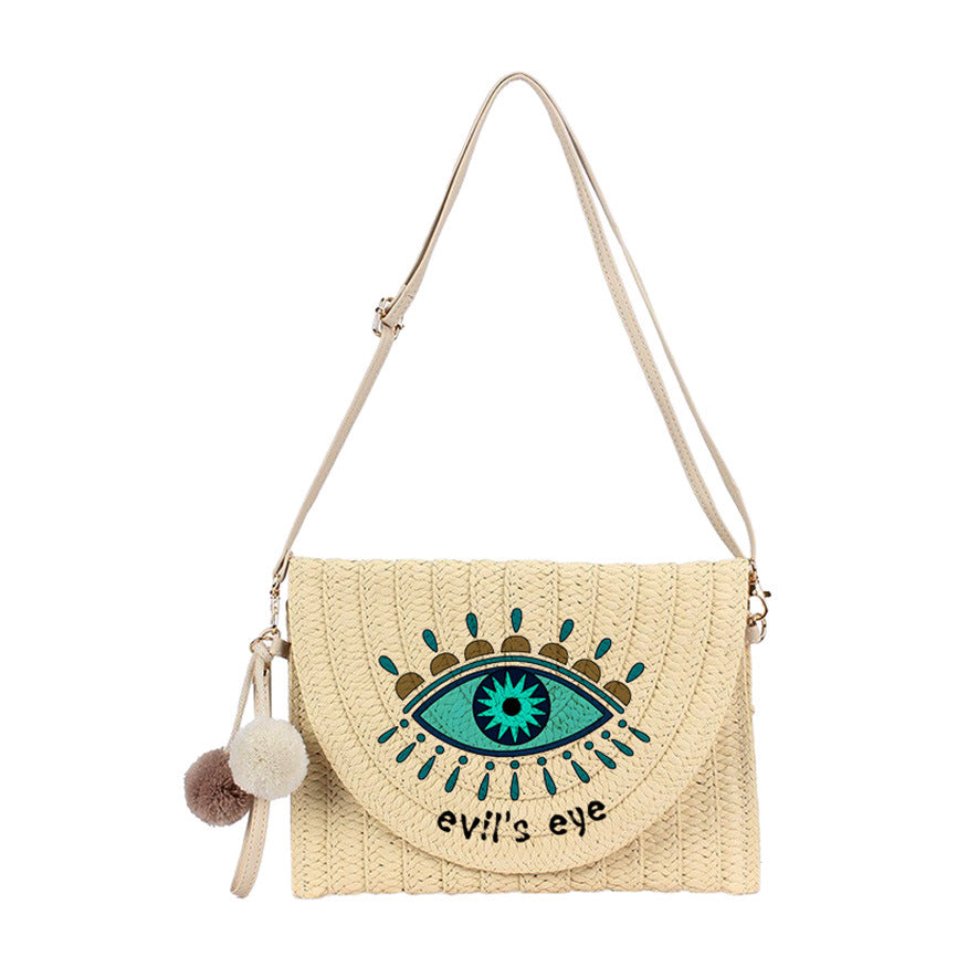 Evil Eye Straw Envelope Shoulder Bag