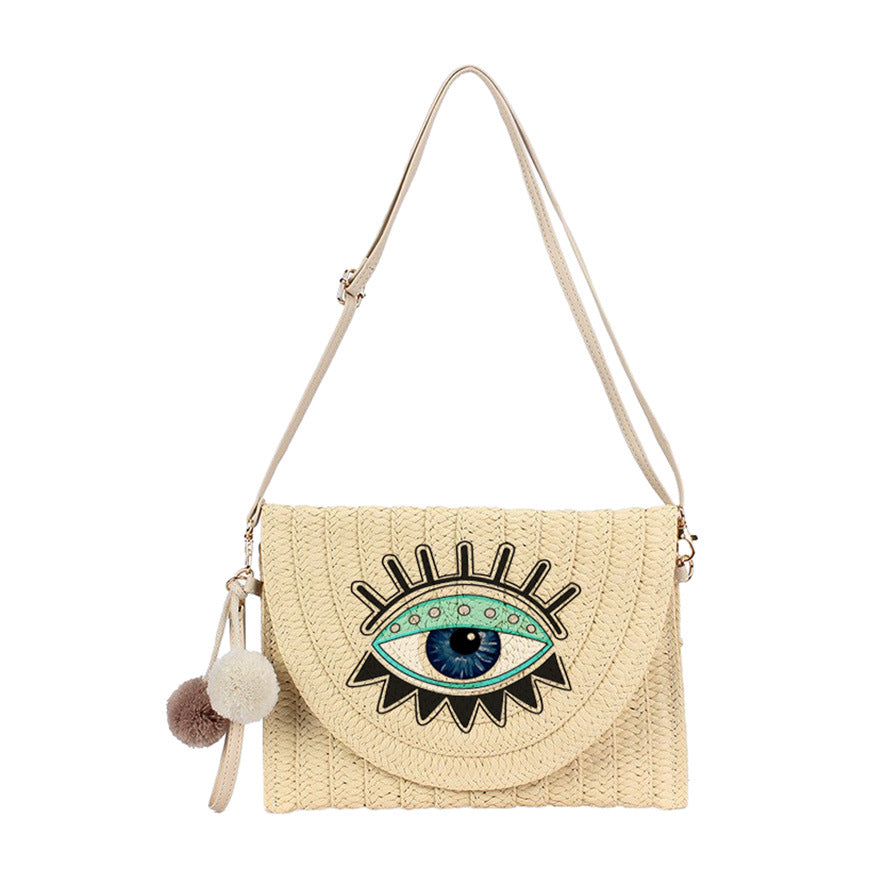 Evil Eye Straw Envelope Shoulder Bag