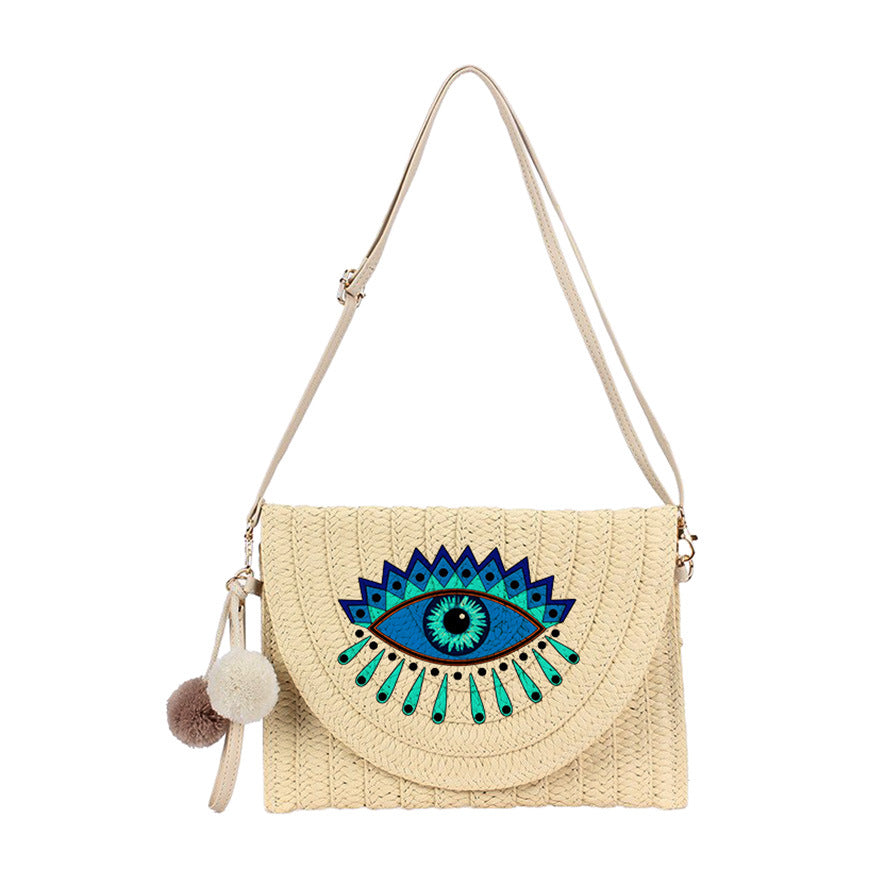Evil Eye Straw Envelope Shoulder Bag
