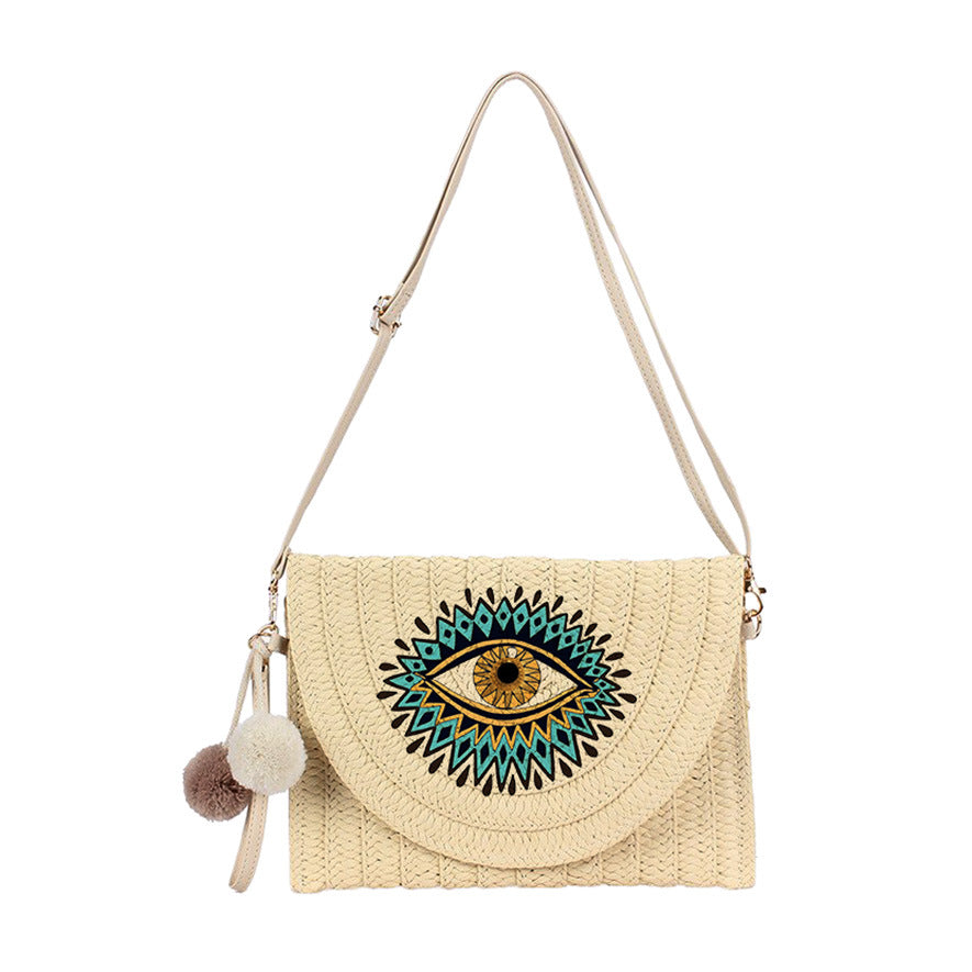 Evil Eye Straw Envelope Shoulder Bag